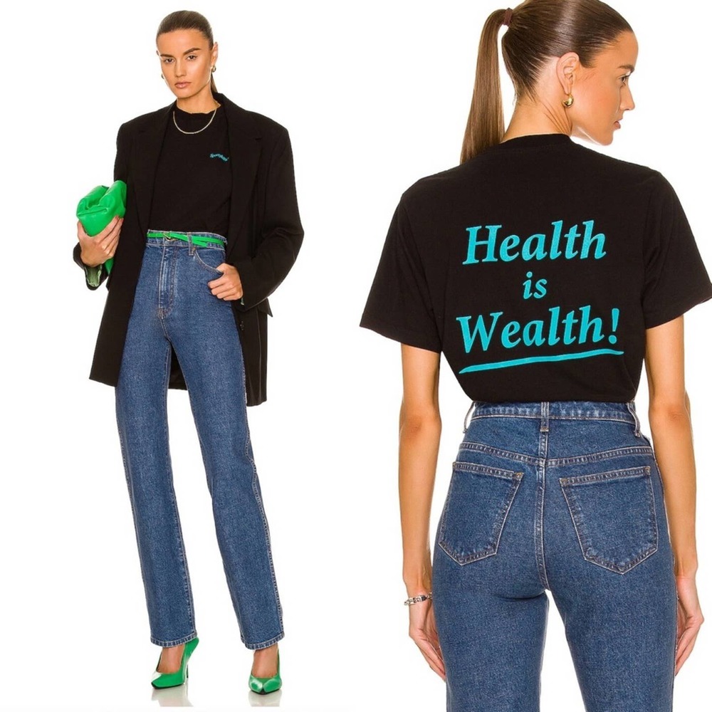 SPORTY & RICH Health is Wealth Tee Shirt Crew Black Teal Short Sleeve XS NEW